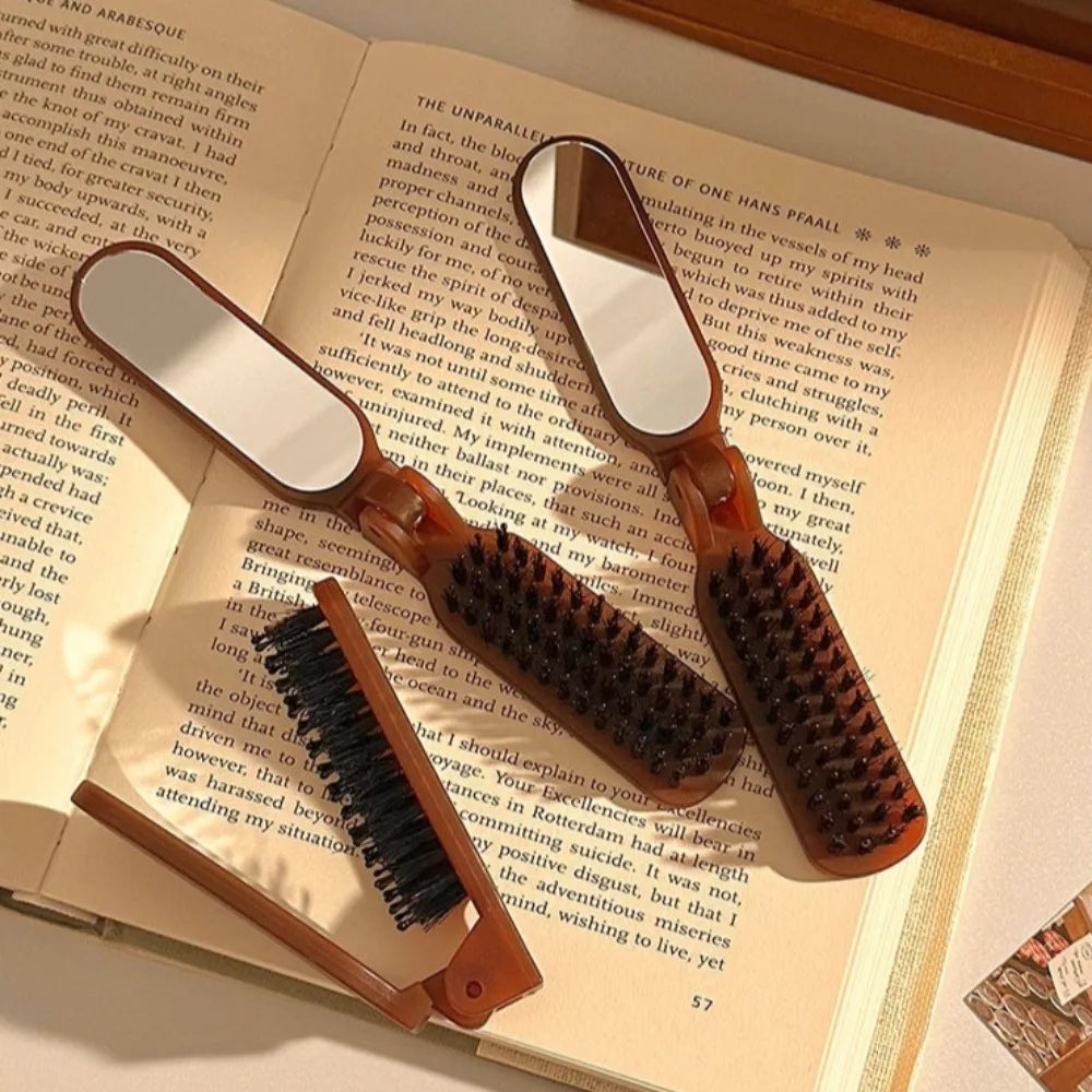 Folding Hair Comb with Mirror | Boar Bristle Anti-Static Folding Hair Comb QXL