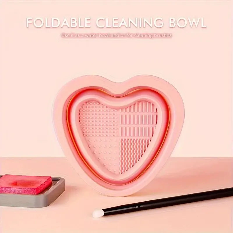 Heart-Shaped Silicone Makeup Brush Cleaner + Pink Sponge Brush Cleaner QXL