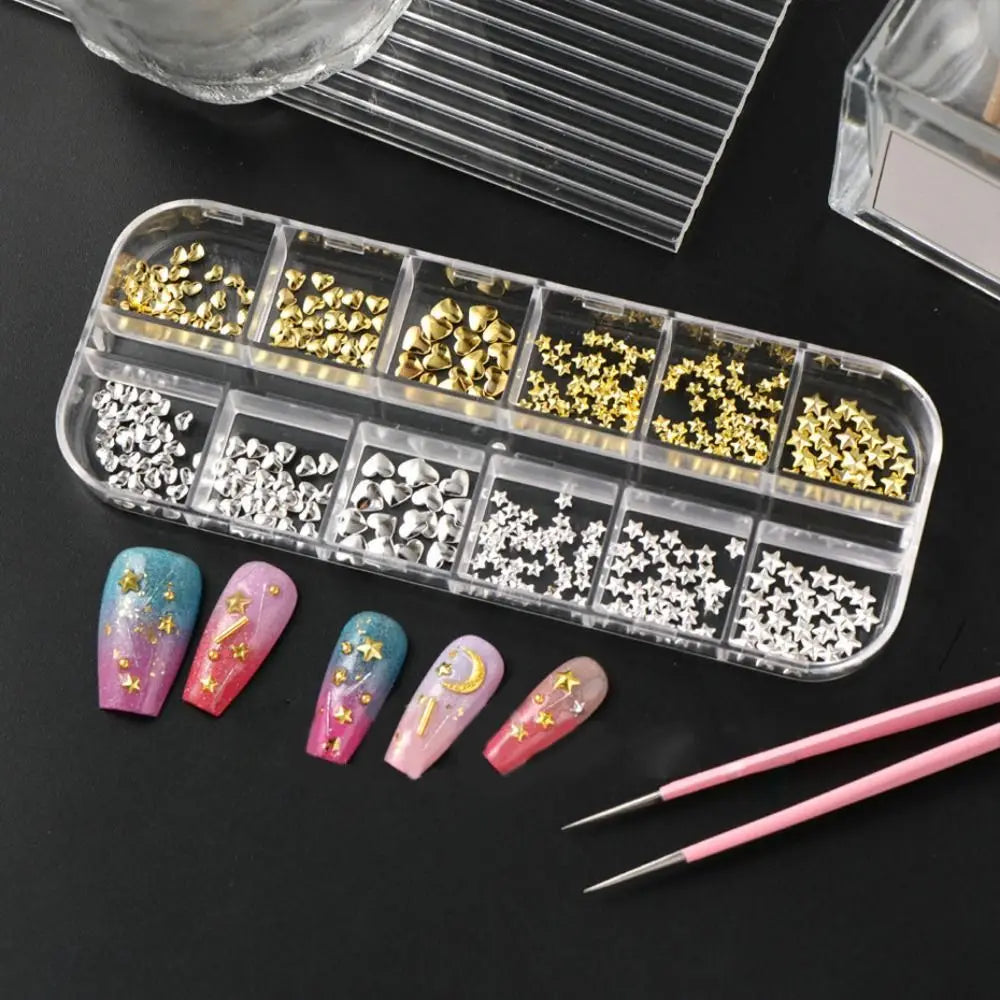 12-Grid 3D Metal Nail Charms | Gold Silver Heart & Star Set Nail Art Charms QXL