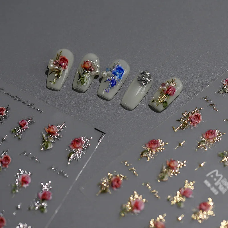 5D Luxury Rose Nail Art Stickers | Self-Adhesive Flower Decals Nail Art Stickers QXL