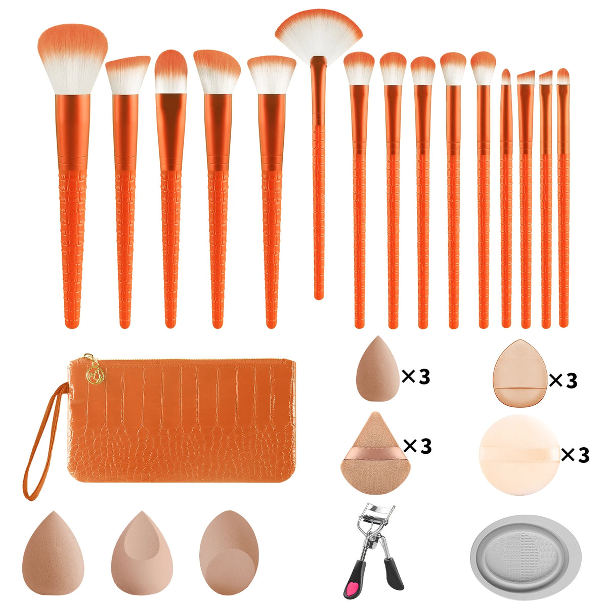 Ronshadow 33-Pc Makeup Brush Set with Sponges & Eyelash Curler Makeup Brush Set QXL Orange