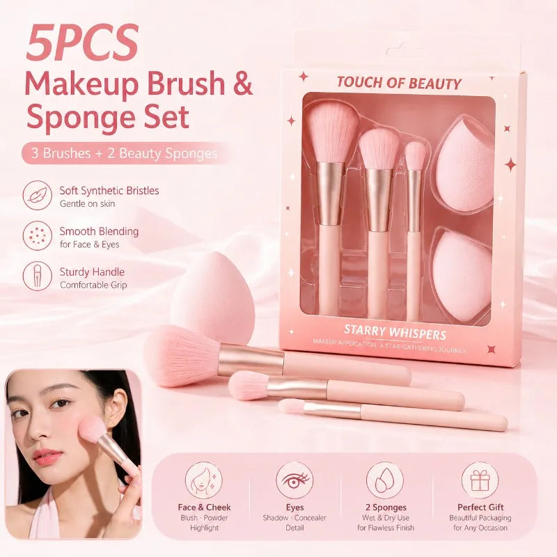 5-Pc Pink Makeup Brush & Sponge Set – Brushes & Blenders Makeup Brush Set QXL
