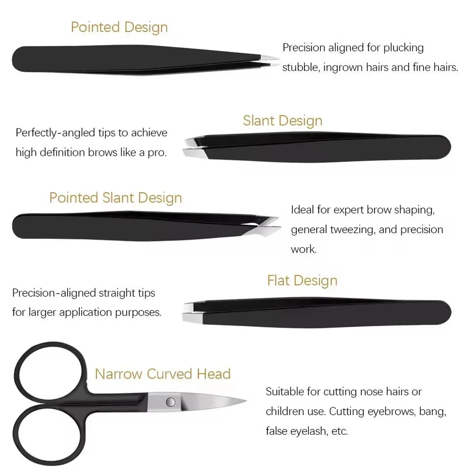 5-Piece Stainless Steel Tweezers Set – Eyebrow & Eyelash Beauty Tweezers Set QXL