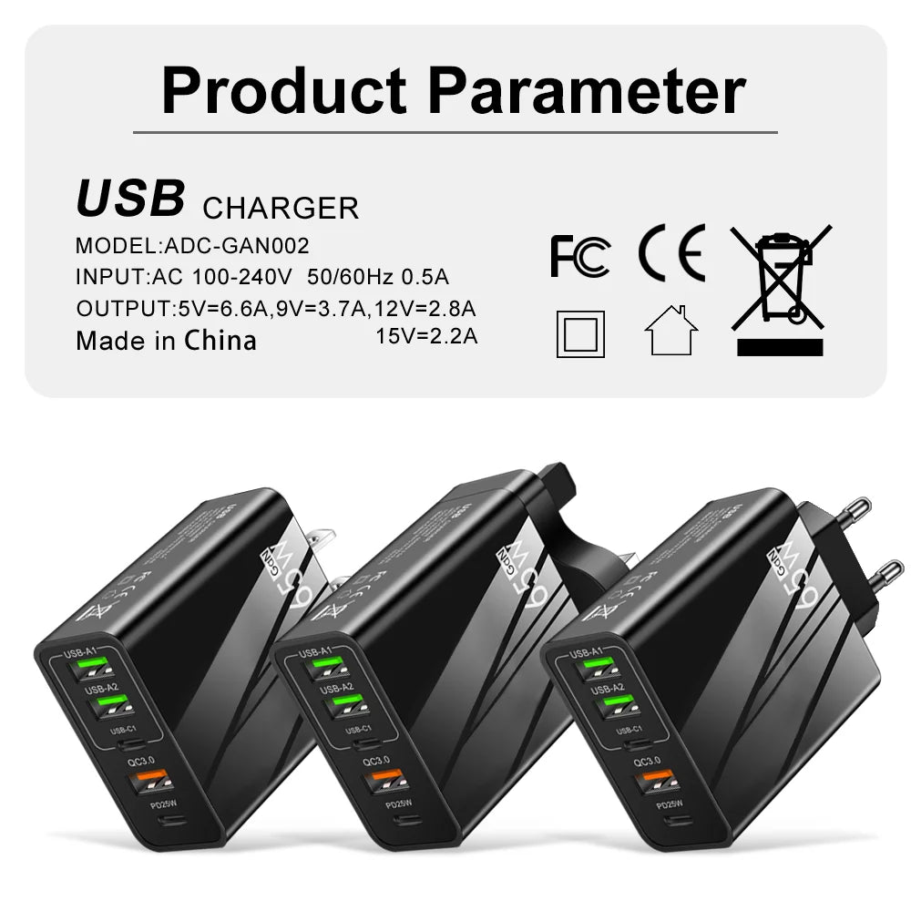 GaN 65W 5-Port USB Wall Charger | PD & QC 3.0 Fast Charge USB Wall Charger QXL