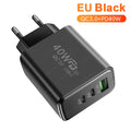 40W 3-Port USB-C PD Fast Wall Charger | EU US UK Travel USB-C Wall Charger QXL EU Black