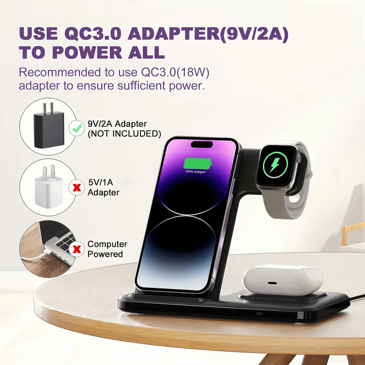 3-in-1 Foldable Wireless Charging Station for iPhone & iWatch Wireless Charging Station QXL