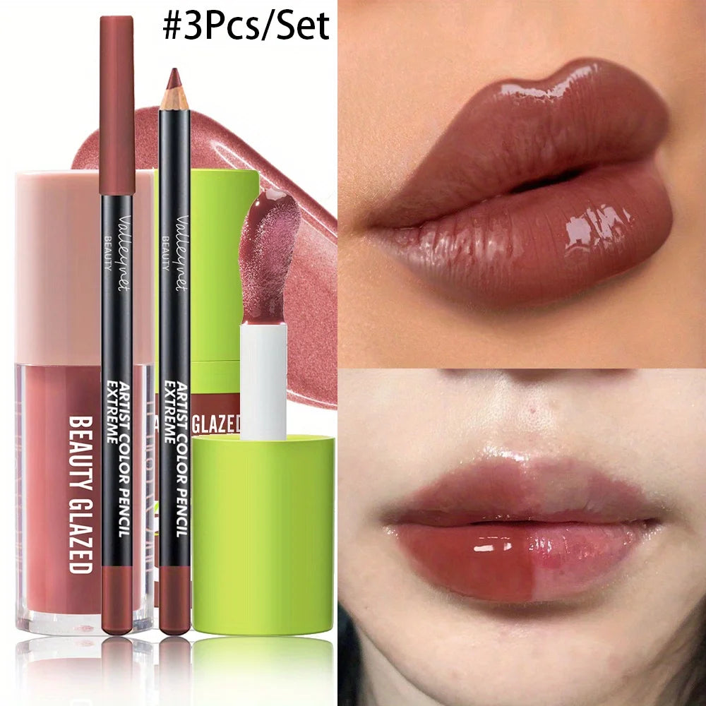 3-Piece Nude Lip Glaze & Lip Liner Set | Waterproof Long-Lasting Lip Glaze & Liner Set QXL 3Pcs Set