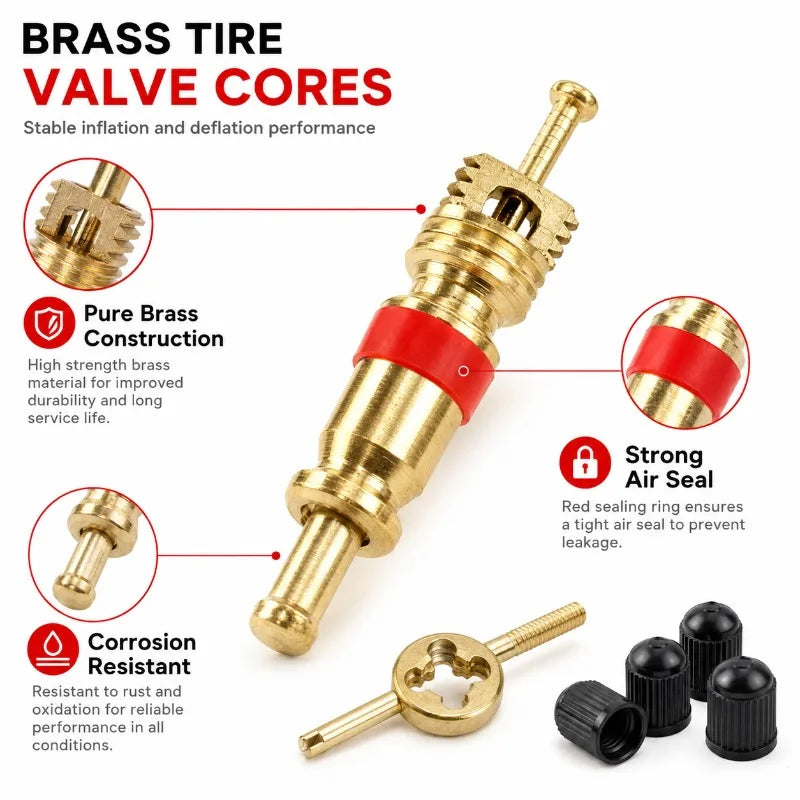 Brass Schrader Tire Valve Core Kit + Remover Tool & Dust Caps Tire Valve Core Kit QXL