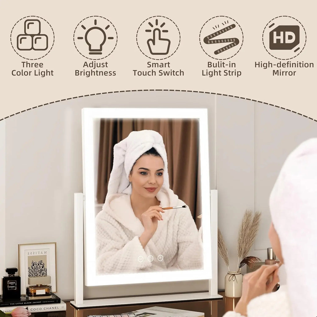 Hollywood Lighted Makeup Mirror | 3-Color Dimmable, 360° Rotation Lighted Vanity Mirror QXL