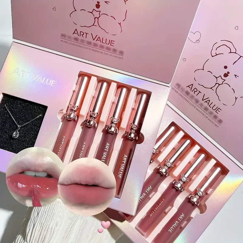 VERONNI Bear Lip Glaze & Necklace Gift Set | 4-Pc Matte Mirror Lip Glaze Gift Set QXL