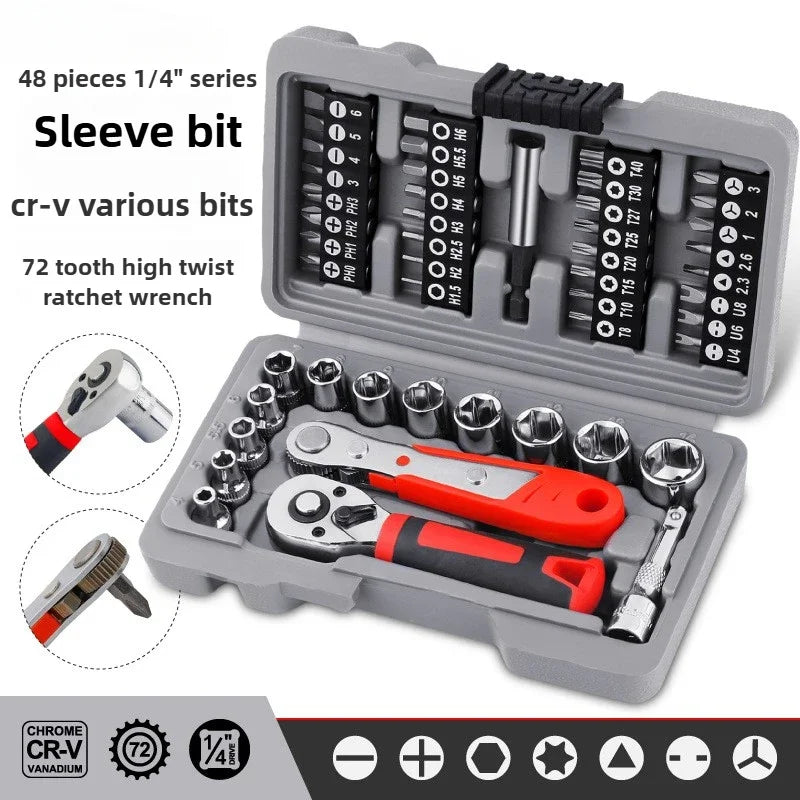 48-Piece 1/4" Socket Wrench Ratchet Set | Auto Repair Tools Socket Wrench Set QXL