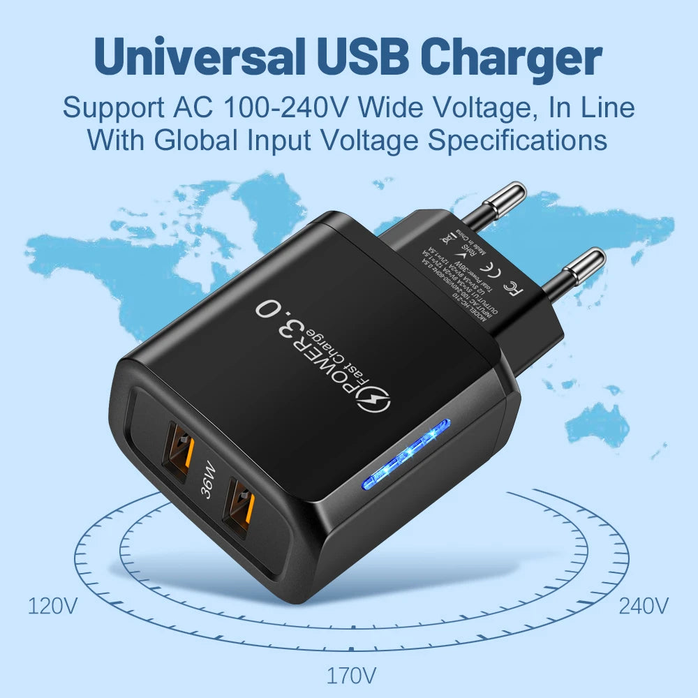 36W Dual USB Fast Wall Charger | Universal Travel Adapter USB Wall Charger QXL