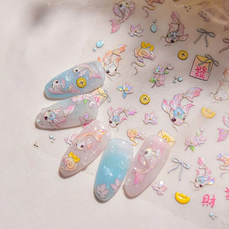 5D Relief Nail Art Stickers – Koi, Mermaid & Ocean Decals Nail Art Stickers QXL 1pcs to4720