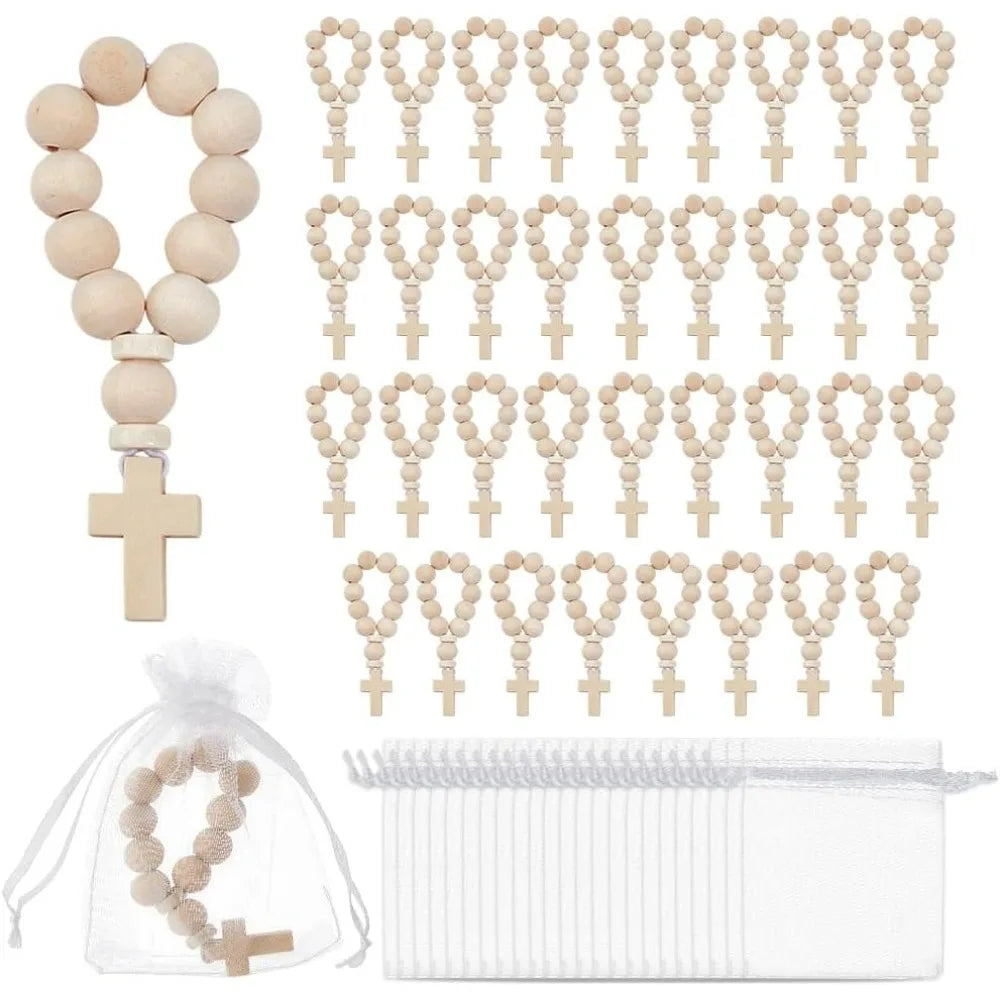 36-Pack Mini Wooden Rosary Beads with Cross Pendant | 3.6" Rosary Bead Set QXL