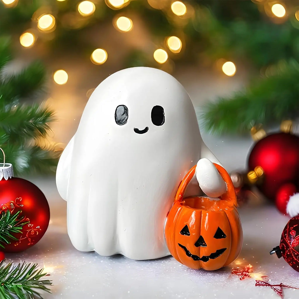 Halloween Ghost Pumpkin Figurine | Cute Trick or Treat Decor