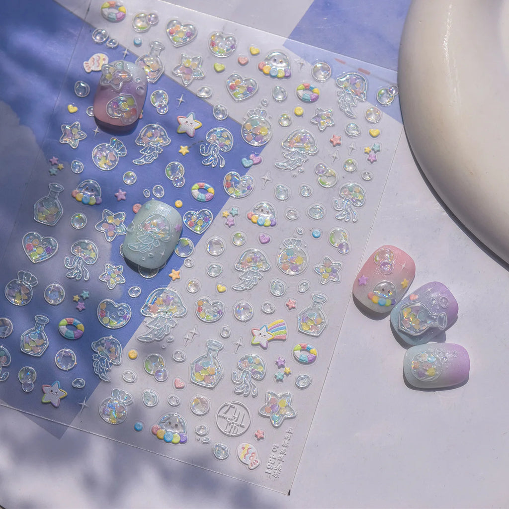 5D Blue Floral Nail Stickers | Pearl & Feather Self-Adhesive Decals