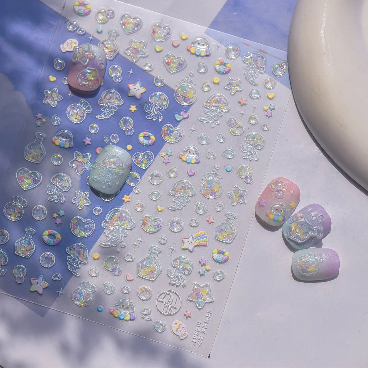 5D Blue Floral Nail Stickers | Pearl & Feather Self-Adhesive Decals