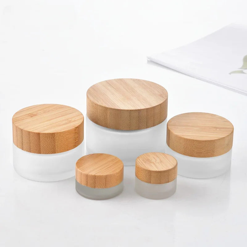 Frosted Glass Cream Jars with Bamboo Lid | 5g–100g Cosmetic Cosmetic Glass Jar QXL