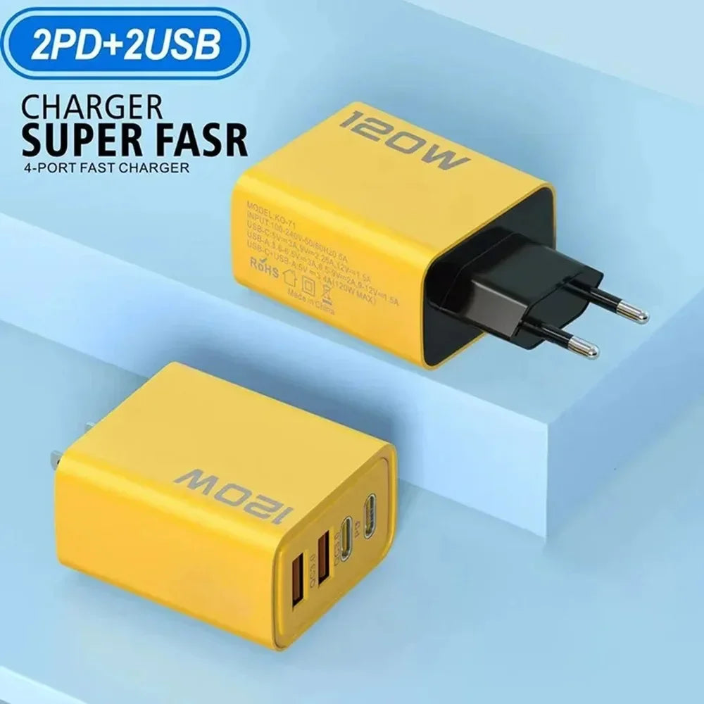 120W 4-Port USB-C Fast Charger | EU US UK Plug PD Adapter USB-C Wall Charger QXL