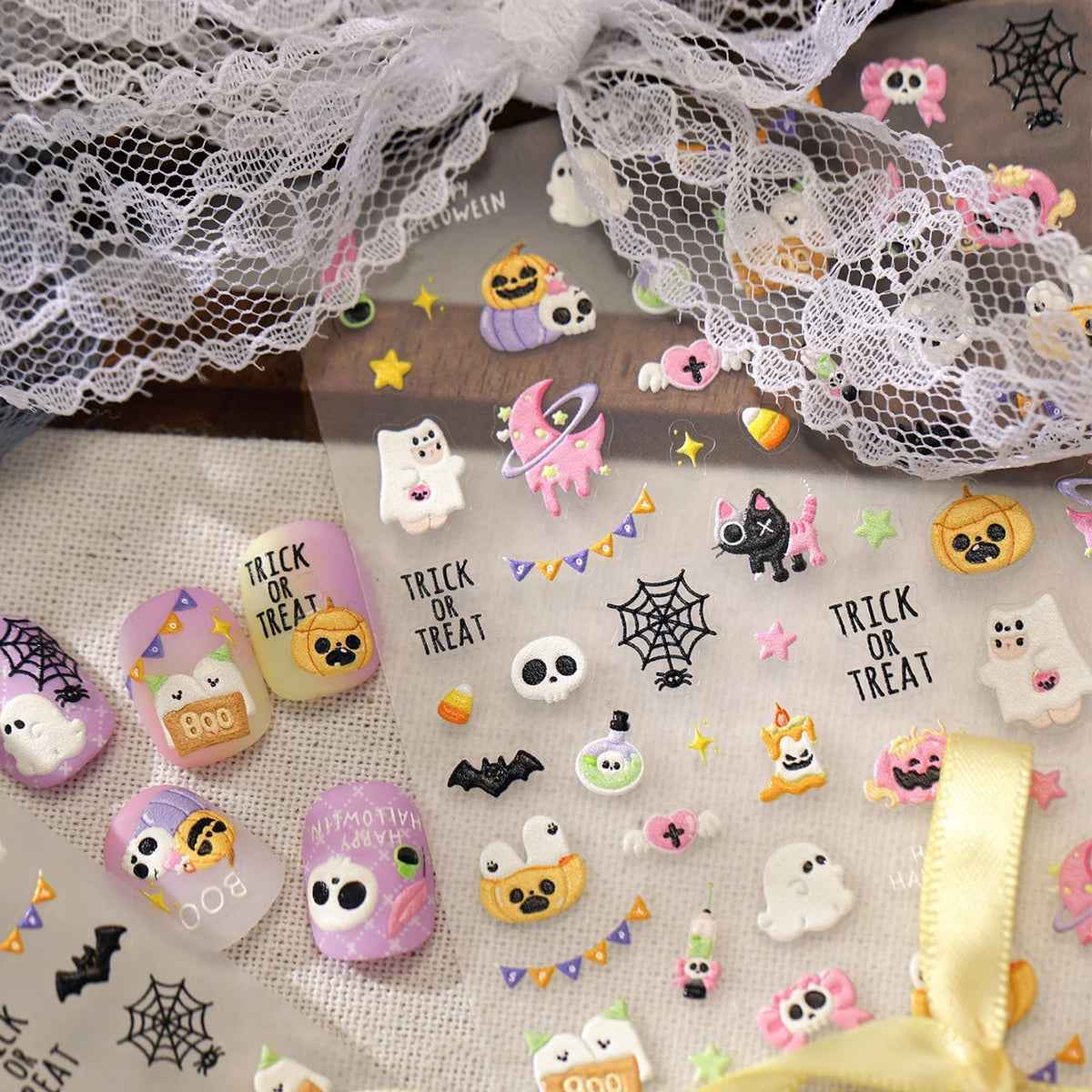 Halloween 5D Nail Stickers – Ghost Pumpkin Bat Spider Web Decals Nail Art Stickers QXL
