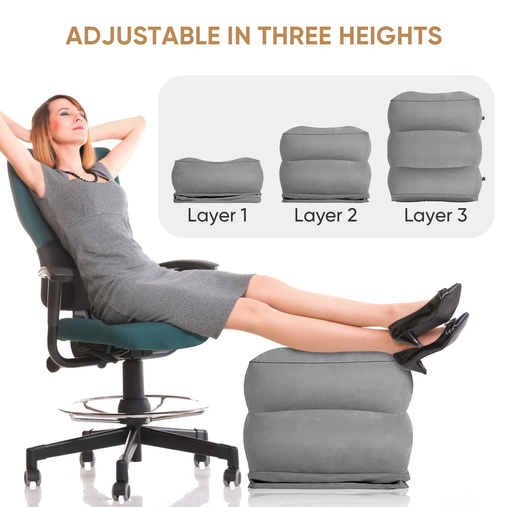 Inflatable Airplane Foot Rest Pillow | 3-Layer Adjustable Height Travel Foot Rest QXL