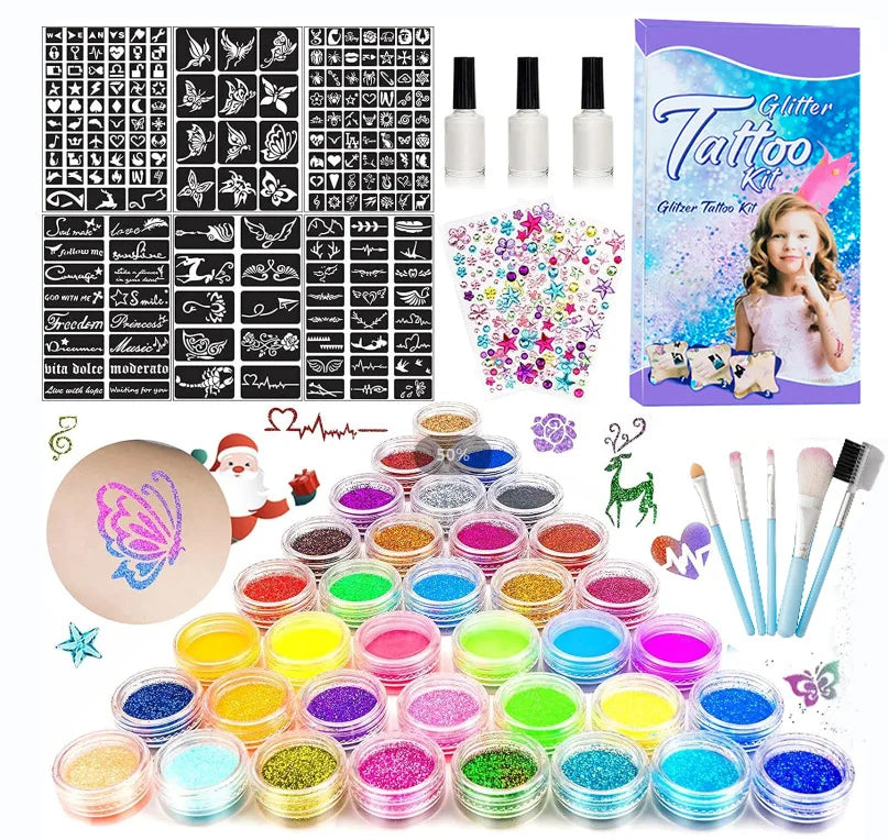 VERONNI 30-Color Glitter Tattoo Kit with Stencils – Kids & Adults Glitter Tattoo Kit QXL Tattoo Set