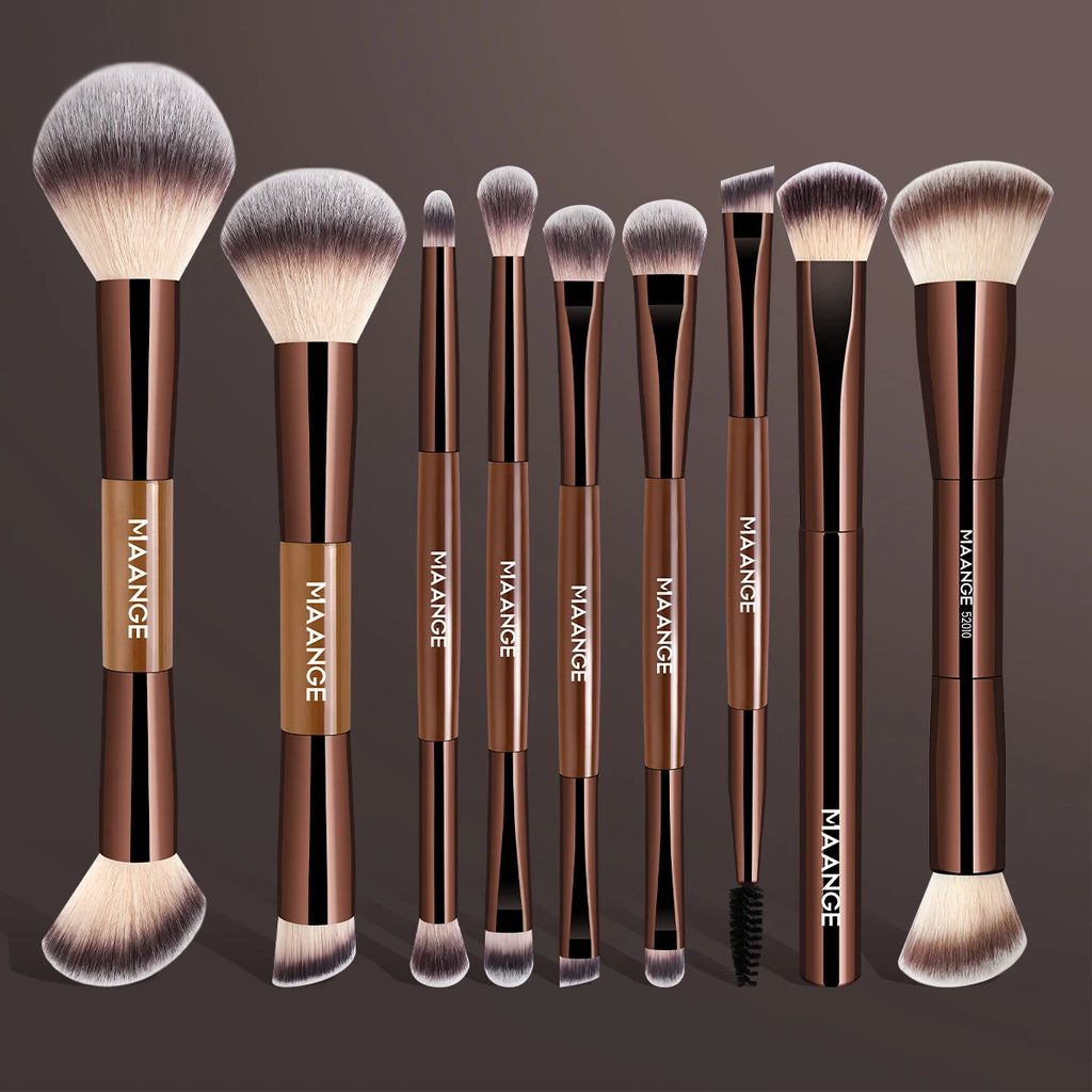 MAANGE 9-Pc Double-Ended Makeup Brush Set | Face & Eye Makeup Brush Set QXL Coffee Brown