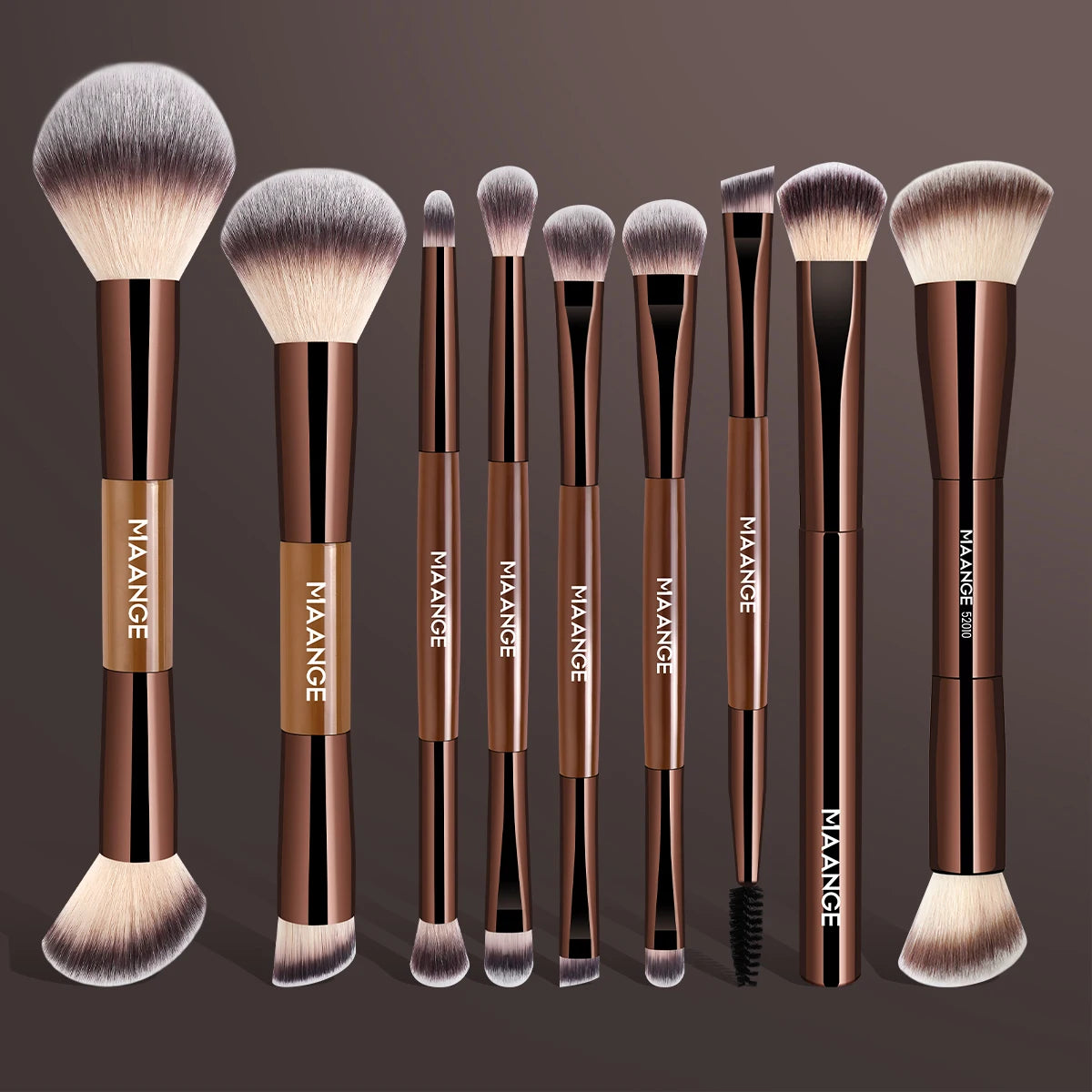 MAANGE 9-Pc Double-Ended Makeup Brush Set | Face & Eye Makeup Brush Set QXL Coffee Brown
