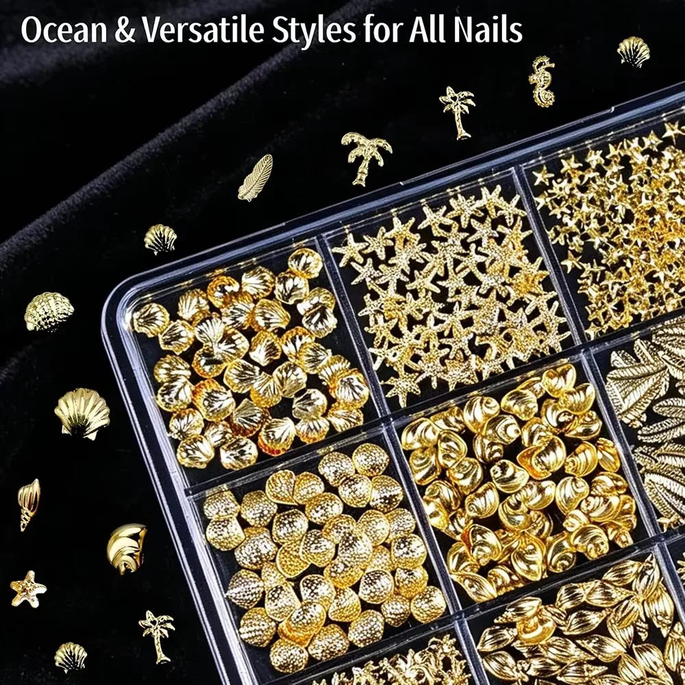 Ocean Theme 3D Metal Nail Studs | Starfish & Seashell Charms Nail Art Studs QXL