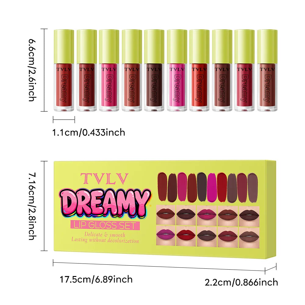 TVLV 10-Color Matte Lip Gloss Set | Long-Lasting Lip Tint Kit Lip Gloss Set QXL