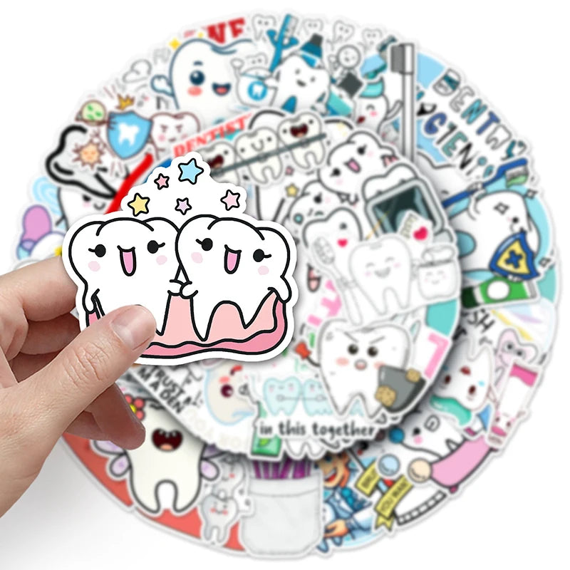 50-Pack Dental Tooth Cartoon Stickers for Kids | Clinic Reward Dental Reward Stickers QXL
