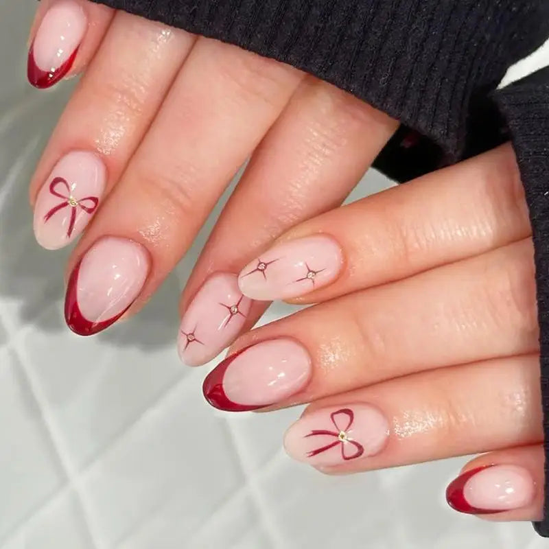 24-Pc Almond Press-On Nails | Pink Bowknot French Tip Press-On Nail Set QXL