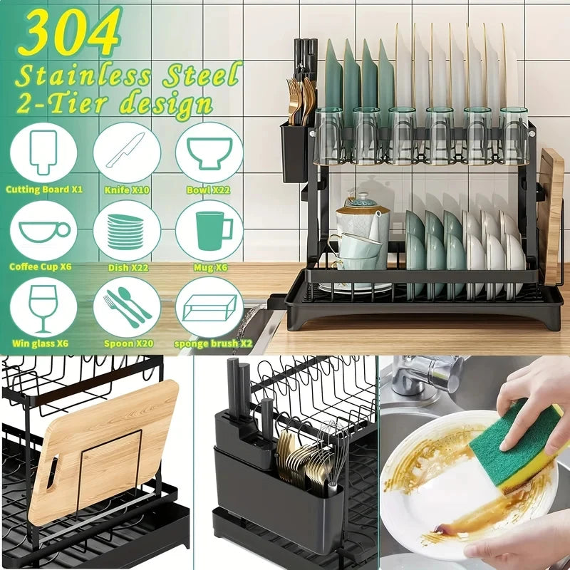 Double-Layer Kitchen Rack with Drainage & Lockable Stand Kitchen Storage Rack QXL
