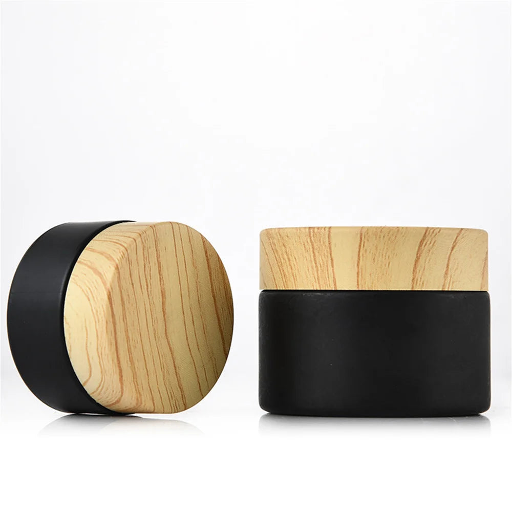 Matte Black Glass Cosmetic Jars Wood Cap | 5g–50g Refillable Cosmetic Glass Jar QXL