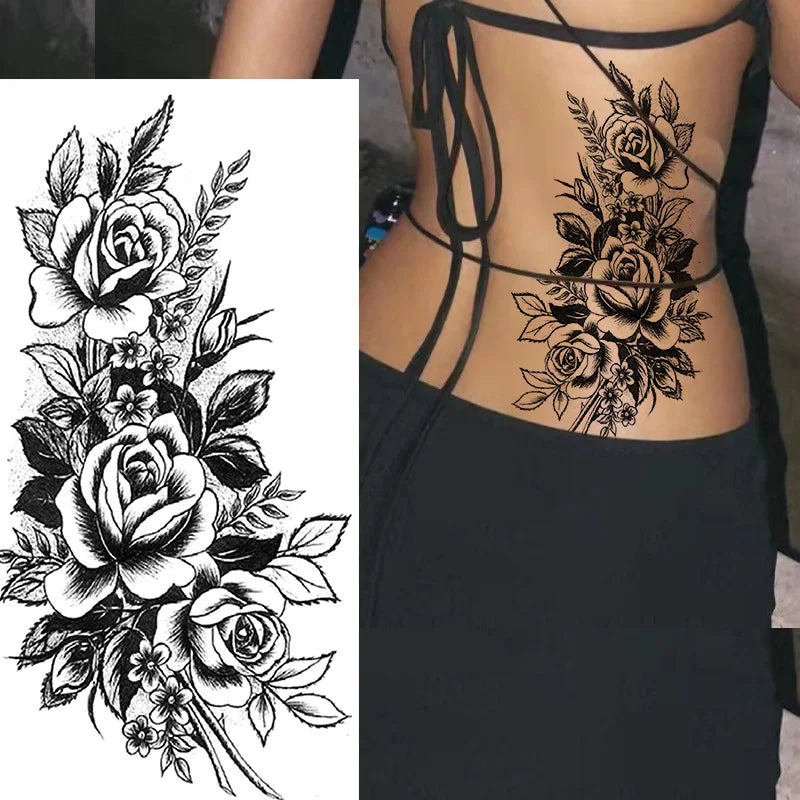 Large Black Floral Temporary Tattoo | Rose & Peony Water Transfer