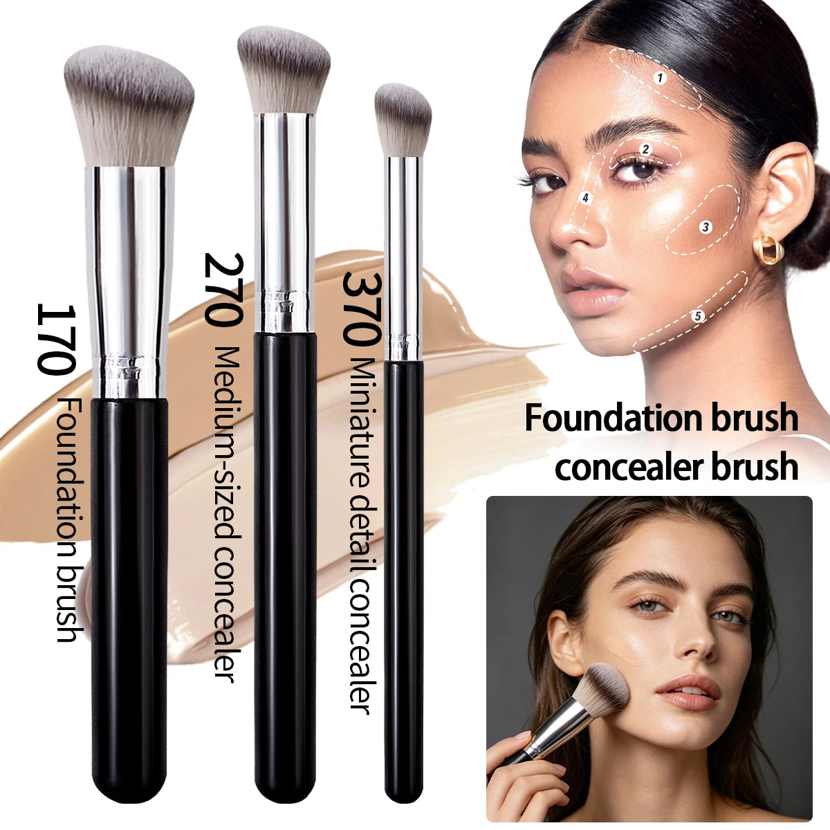 KOSSHOW 3-Pc Foundation & Concealer Brush Set | Flawless Finish Makeup Brush Set QXL black