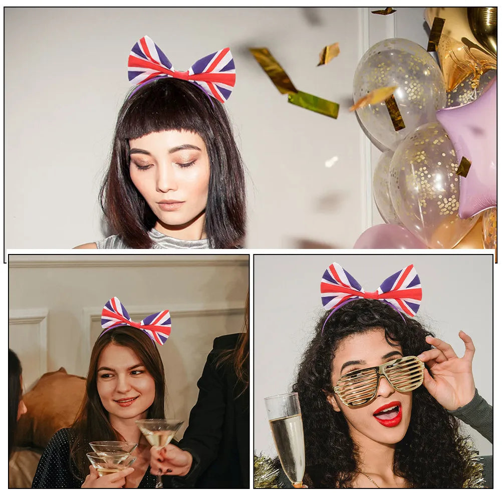 6-Pack Union Jack Bow Headbands | Satin British Flag Hair Accessories Bow Headband Set QXL