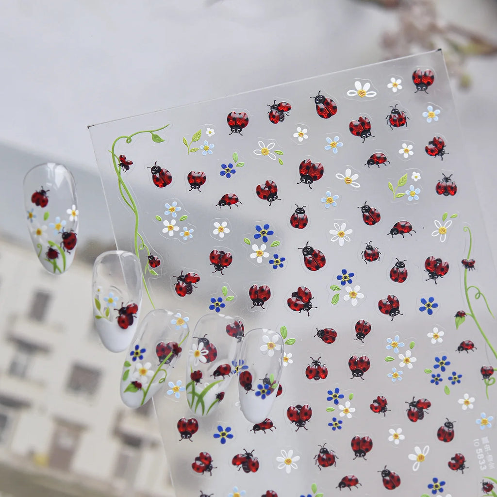 5D Pastoral Nail Stickers – Ladybug, Flower & Vine Decals Nail Stickers QXL