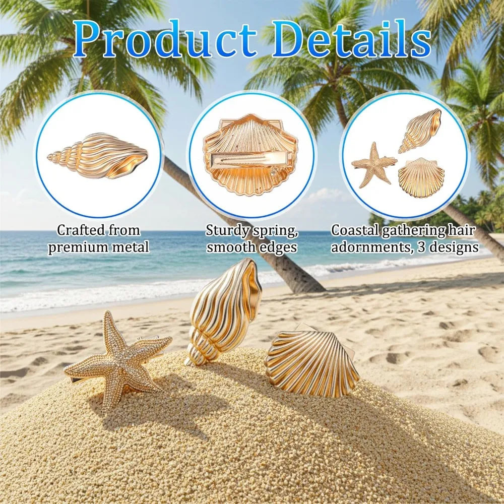 3-Pack Boho Seashell Starfish Hair Clips | Beach Barrettes Set Hair Clip Set QXL