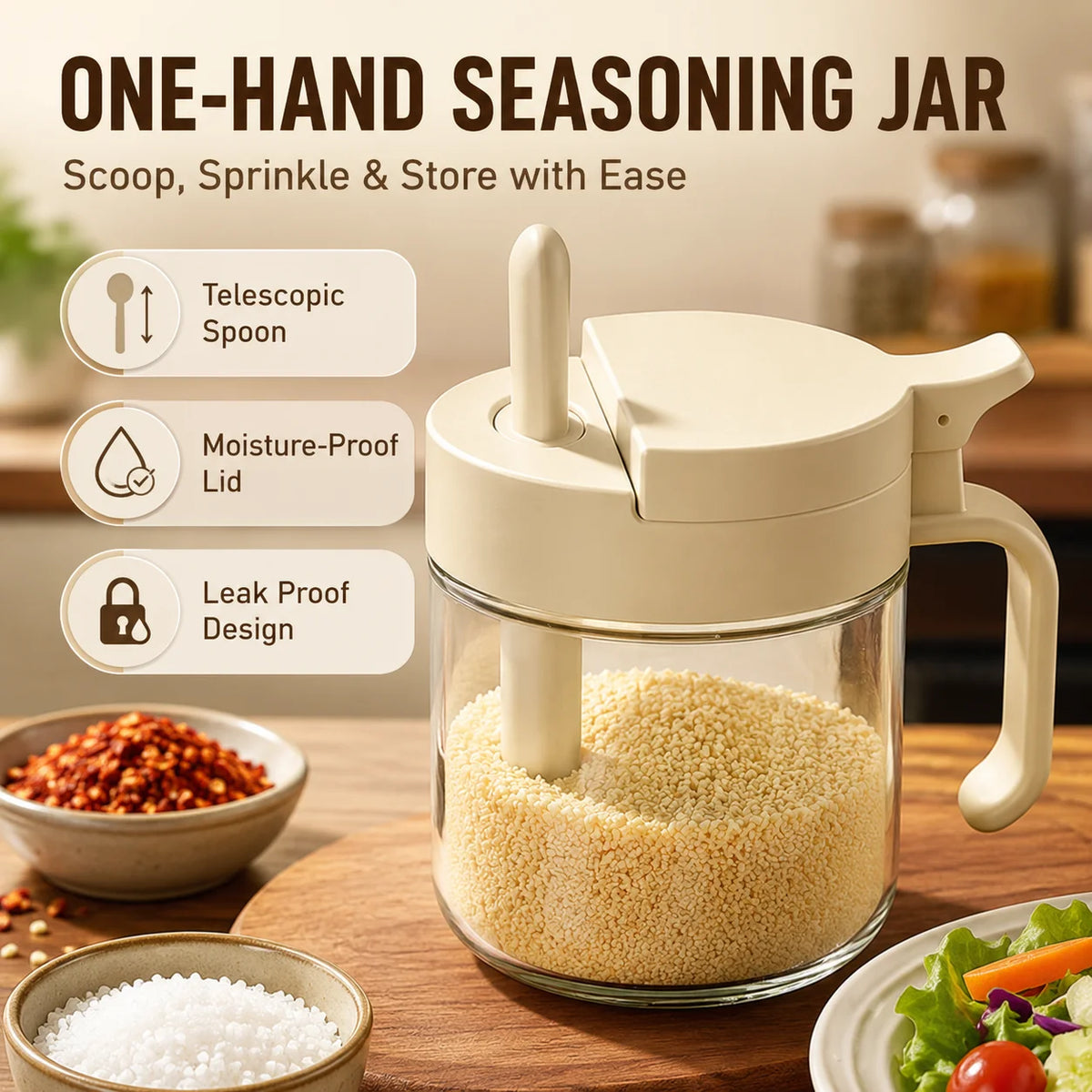 Glass Seasoning Jar with Telescopic Spoon – Moisture-Proof Seasoning Storage Jar QXL
