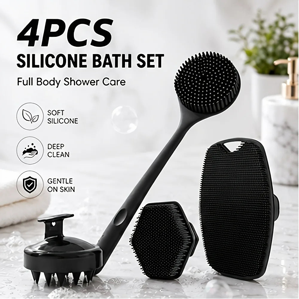 4-Piece Silicone Shower Brush Set | Back, Body, Face & Scalp Shower Brush Set QXL