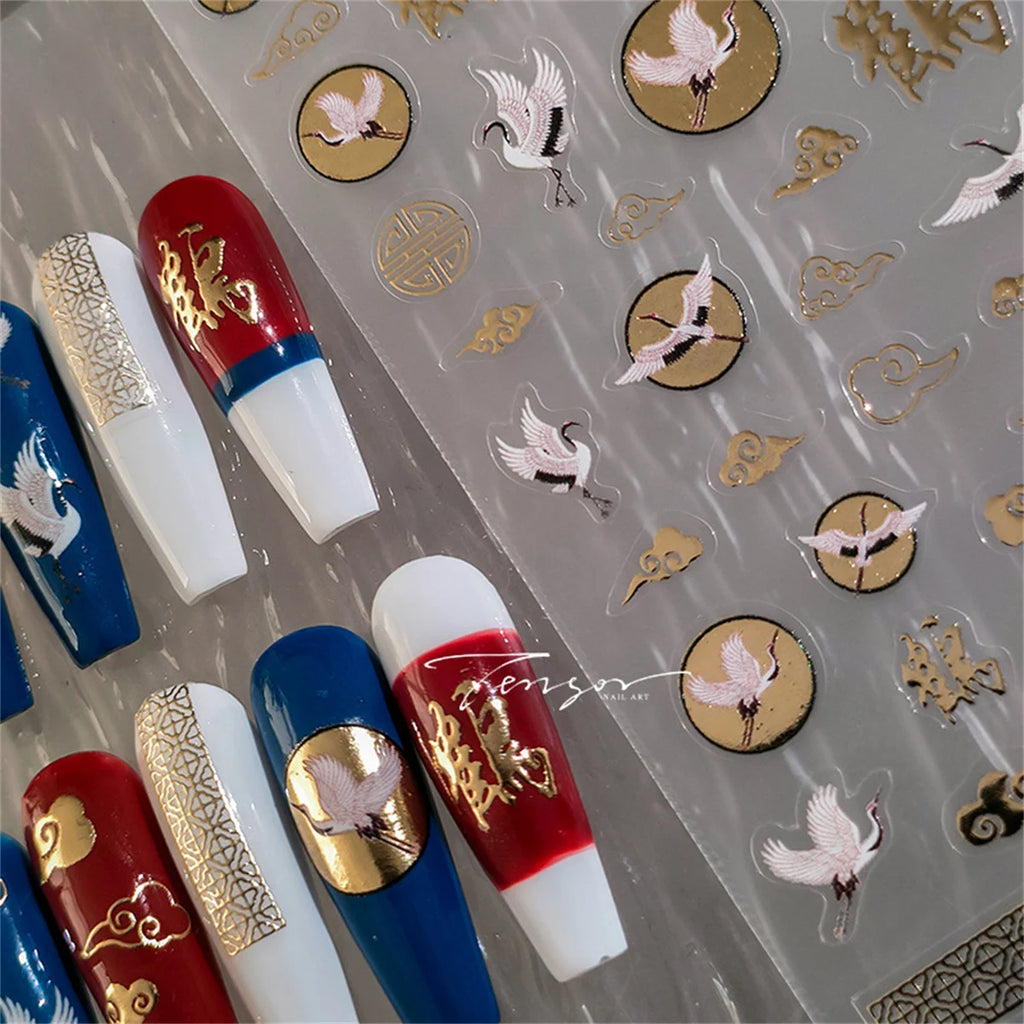5D Bronzing White Crane Nail Art Stickers | Gold Acrylic Decals Nail Art Stickers QXL
