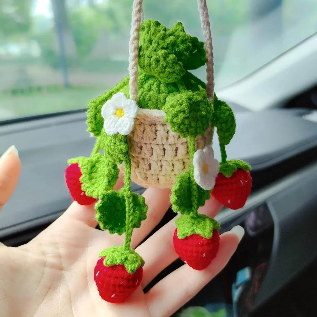 Knitted Strawberry Plant Basket Car Mirror Charm Ornament Car Mirror Charm QXL