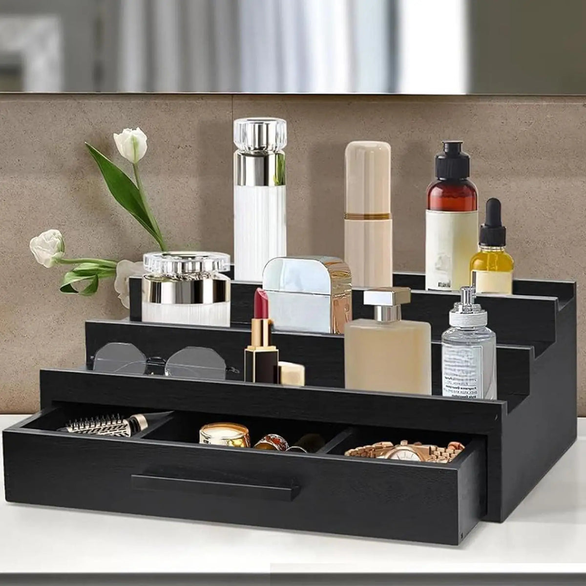 3-Tier Bamboo Perfume Organizer Rack with Drawer | Dresser Perfume Organizer Rack QXL