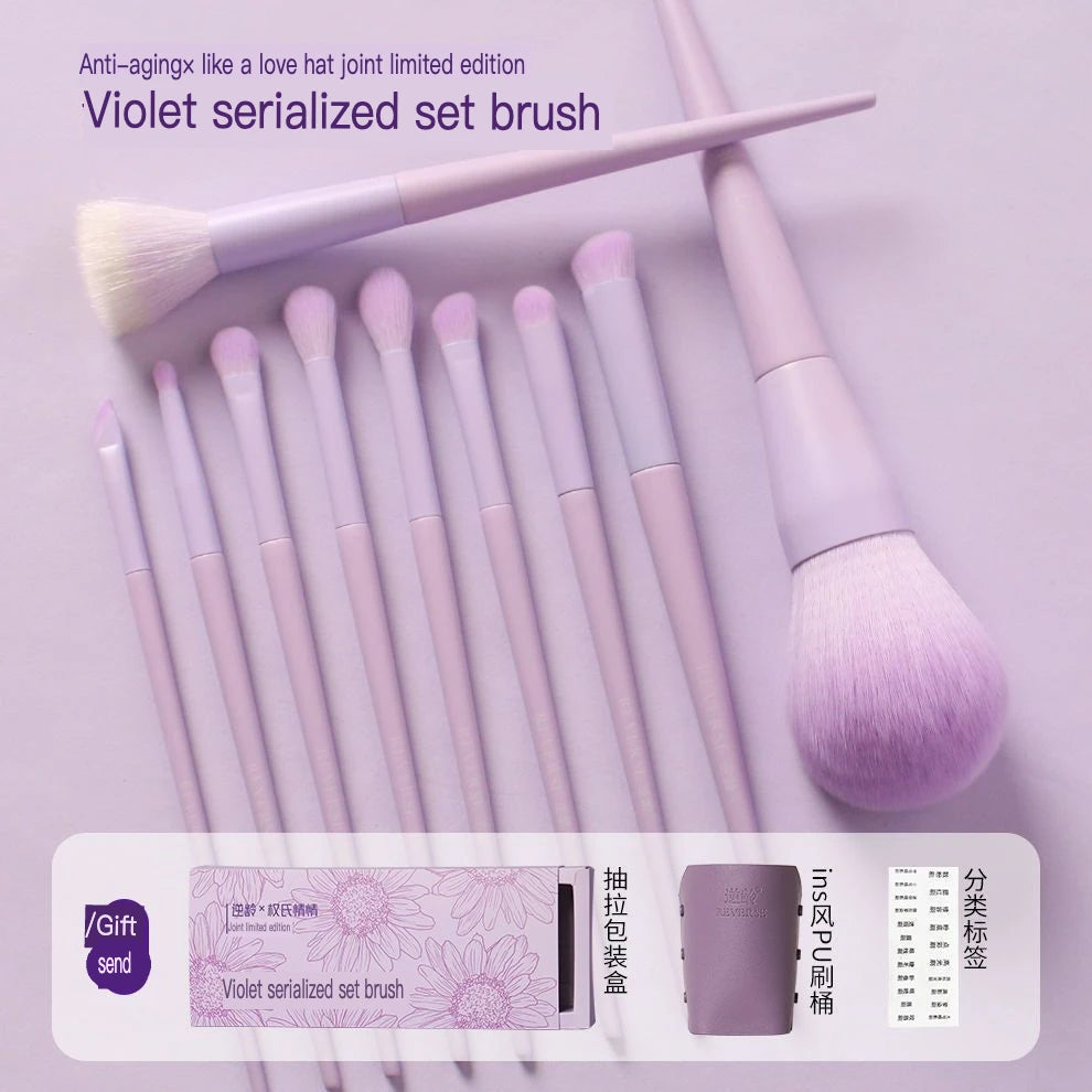 10-Piece Violet Makeup Brush Set with Bag | Soft Wool Fiber Makeup Brush Set QXL