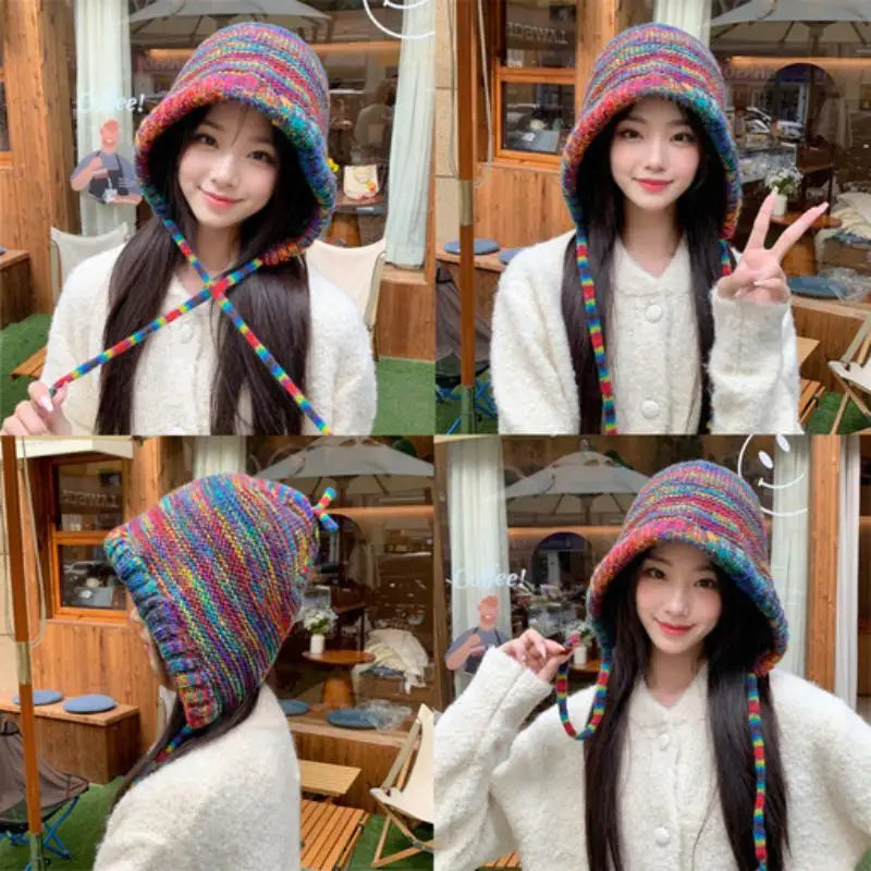Rainbow Striped Knit Beanie Hat | Women's Winter Ear Warmer Knit Beanie Hat QXL