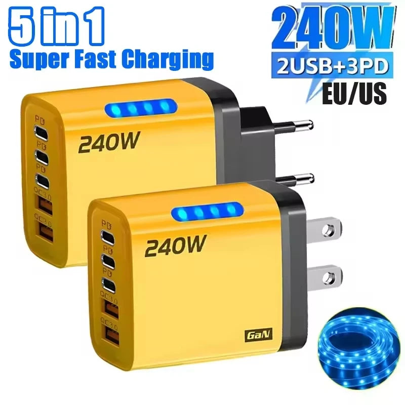240W GaN 5-Port USB-C Charging Station | PD & QC 3.0 GaN USB-C Charger QXL