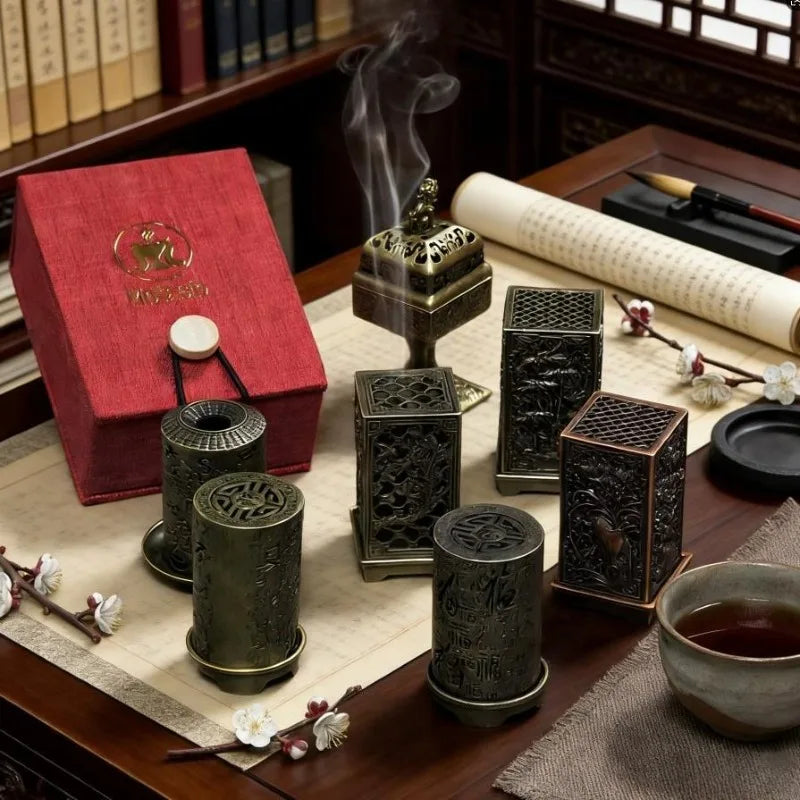 Classic Metal Incense Burner | Traditional Engraving & Gift Box Incense Burner Set QXL