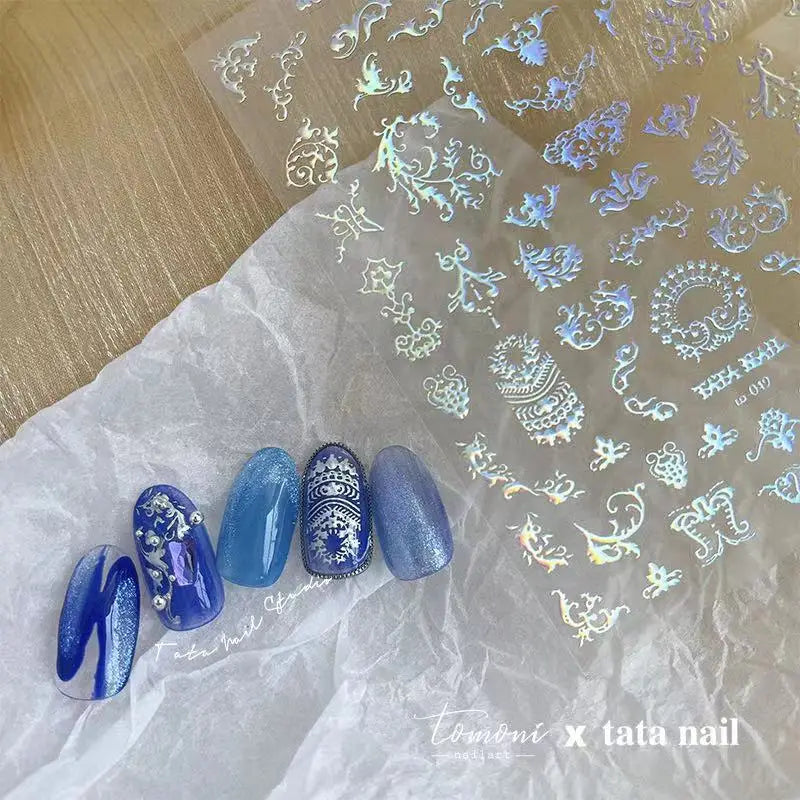 5D Laser Silver Flame Nail Stickers | Hot Stamping Decals Nail Art Stickers QXL