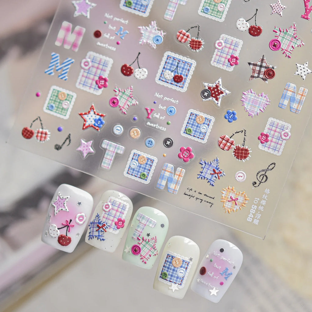 5D Nail Stickers – Plaid, Hearts, Cherries & Star Decals Nail Art Stickers QXL